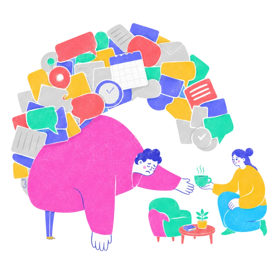 Fenweh: a person bowed under an avalanche of messages and deadlines while a colleague offers tea, illustrating workplace burnout